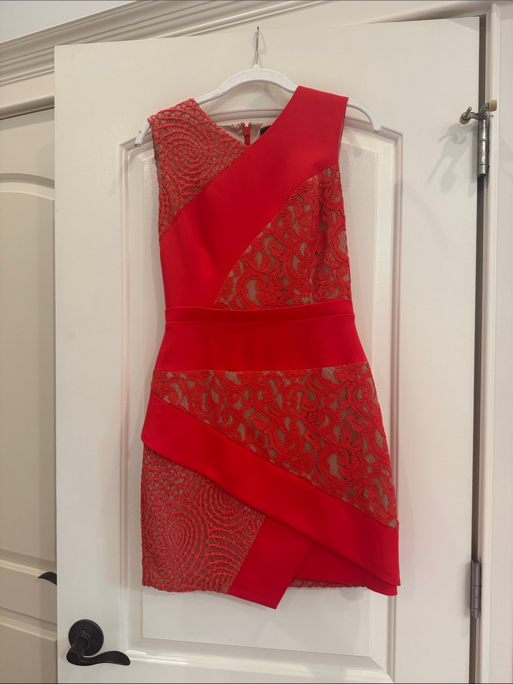 BCBGMaxAzria One-Shoulder Red Lace Panel Dress
